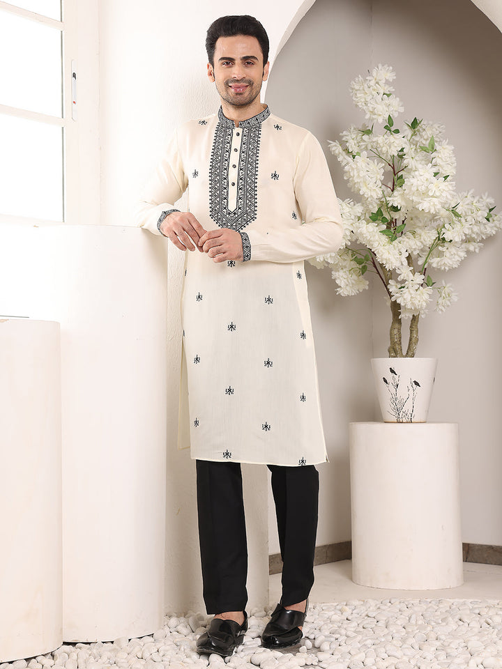 Men's Long Sleeve Mandarin Collar White Straight Viscose Silk Kurta with Embroidered Neckline and Motifs | SHOBITAM