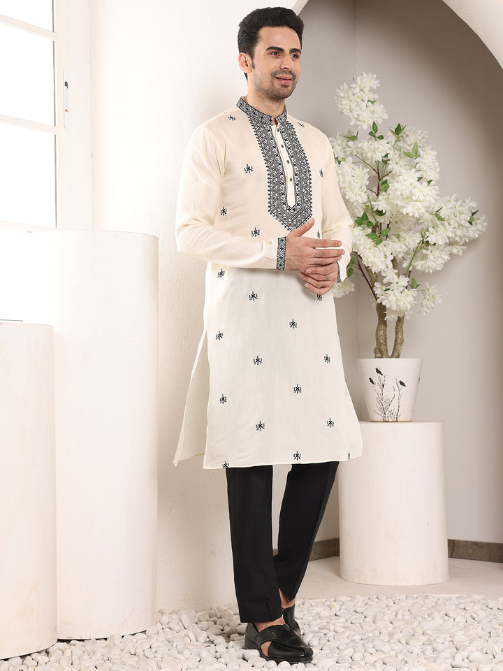 Men's Long Sleeve Mandarin Collar White Straight Viscose Silk Kurta with Embroidered Neckline and Motifs | SHOBITAM