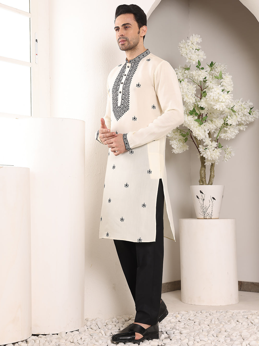 Men's Long Sleeve Mandarin Collar White Straight Viscose Silk Kurta with Embroidered Neckline and Motifs | SHOBITAM