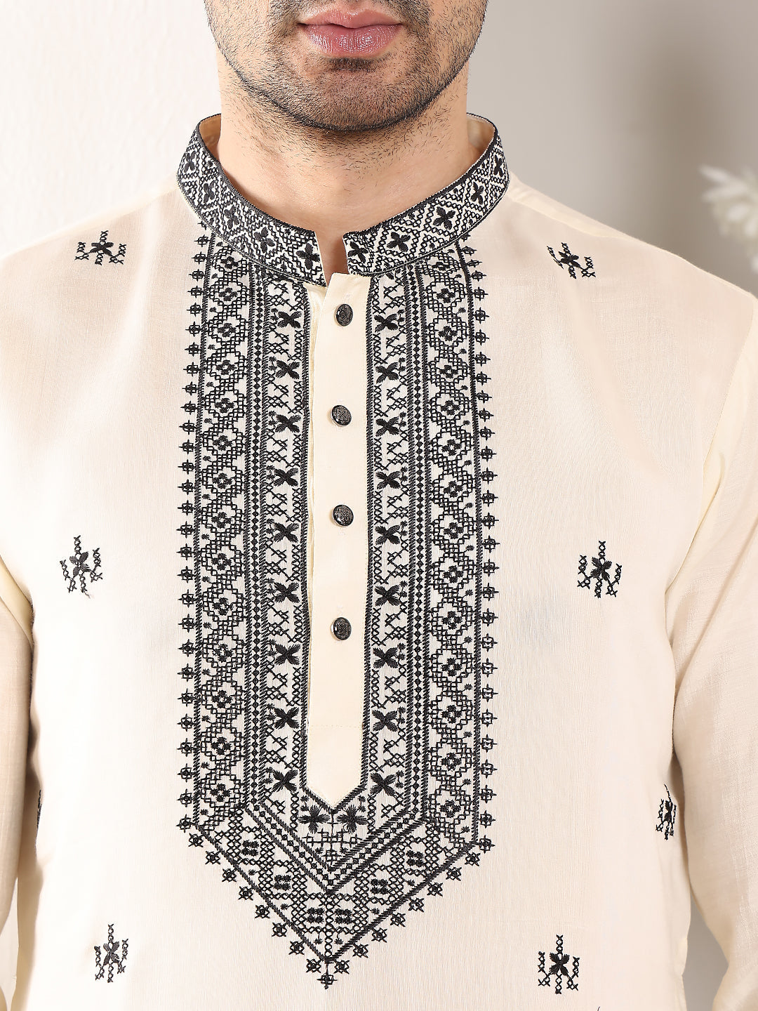 Men's Long Sleeve Mandarin Collar White Straight Viscose Silk Kurta with Embroidered Neckline and Motifs | SHOBITAM