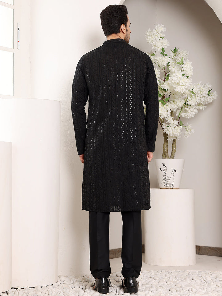 Men's Long Sleeve Mandarin Collar Elegant Black Straight Viscose Silk Kurta with Embroidery | SHOBITAM