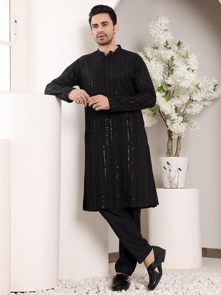 Men's Long Sleeve Mandarin Collar Elegant Black Straight Viscose Silk Kurta with Embroidery | SHOBITAM