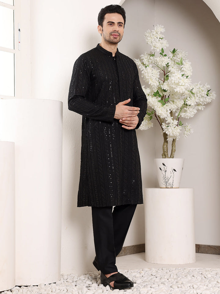 Men's Long Sleeve Mandarin Collar Elegant Black Straight Viscose Silk Kurta with Embroidery | SHOBITAM