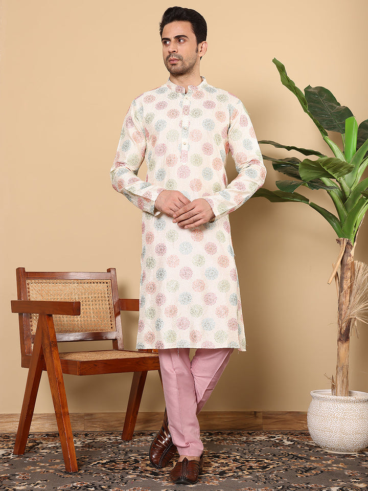 Men's Long Sleeve Mandarin Collar Elegant Cream Straight Viscose Dupion Silk Kurta with Embroidery | SHOBITAM
