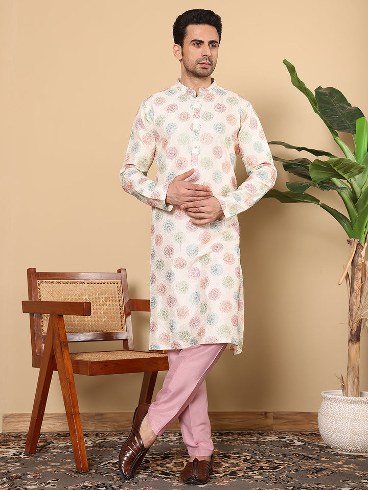 Men's Long Sleeve Mandarin Collar Elegant Cream Straight Viscose Dupion Silk Kurta with Embroidery | SHOBITAM
