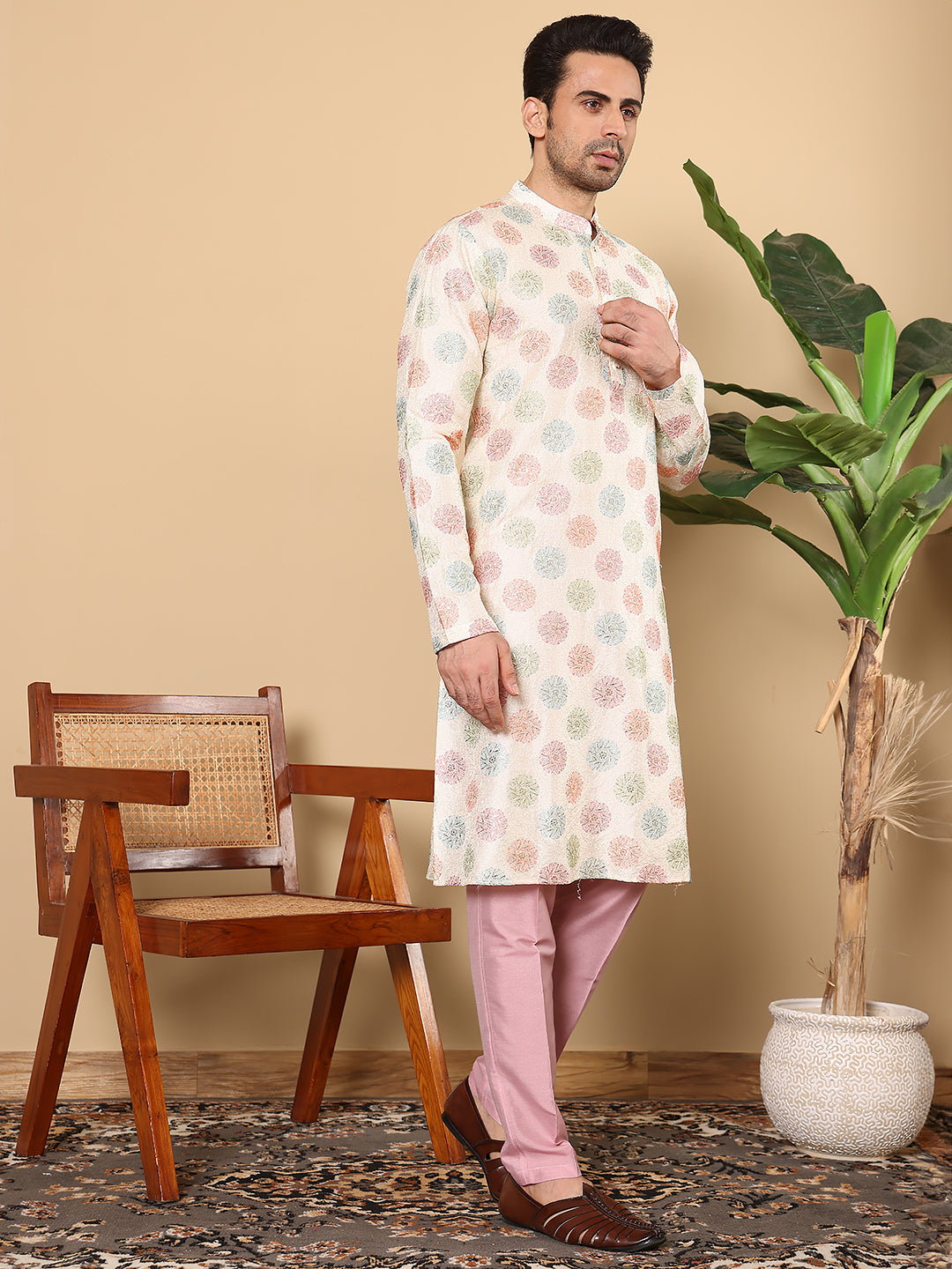Men's Long Sleeve Mandarin Collar Elegant Cream Straight Viscose Dupion Silk Kurta with Embroidery | SHOBITAM