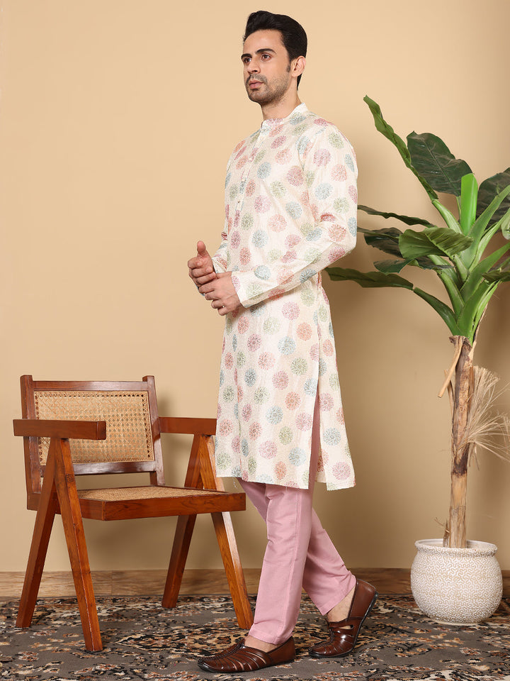Men's Long Sleeve Mandarin Collar Elegant Cream Straight Viscose Dupion Silk Kurta with Embroidery | SHOBITAM