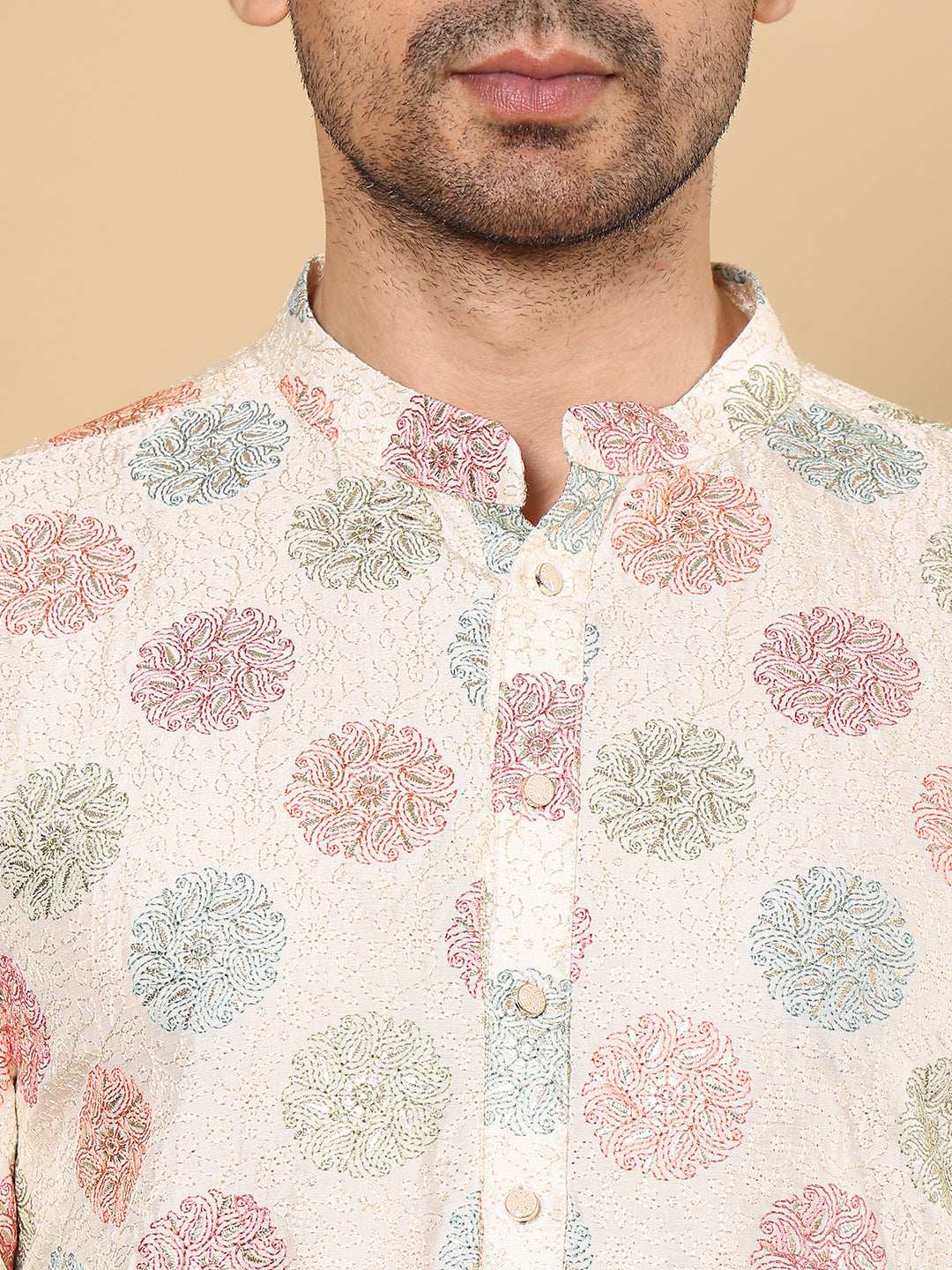 Men's Long Sleeve Mandarin Collar Elegant Cream Straight Viscose Dupion Silk Kurta with Embroidery | SHOBITAM