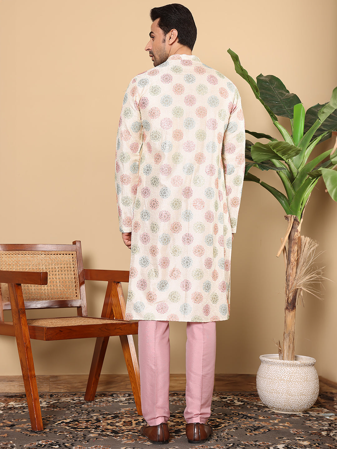 Men's Long Sleeve Mandarin Collar Elegant Cream Straight Viscose Dupion Silk Kurta with Embroidery | SHOBITAM