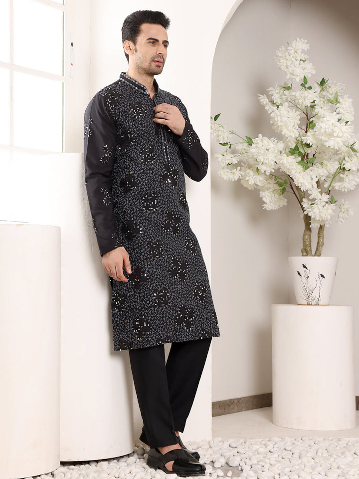Men's Long Sleeve Mandarin Collar Black Straight Rayon Silk Kurta with Embroidered Neckline and Motifs  | SHOBITAM