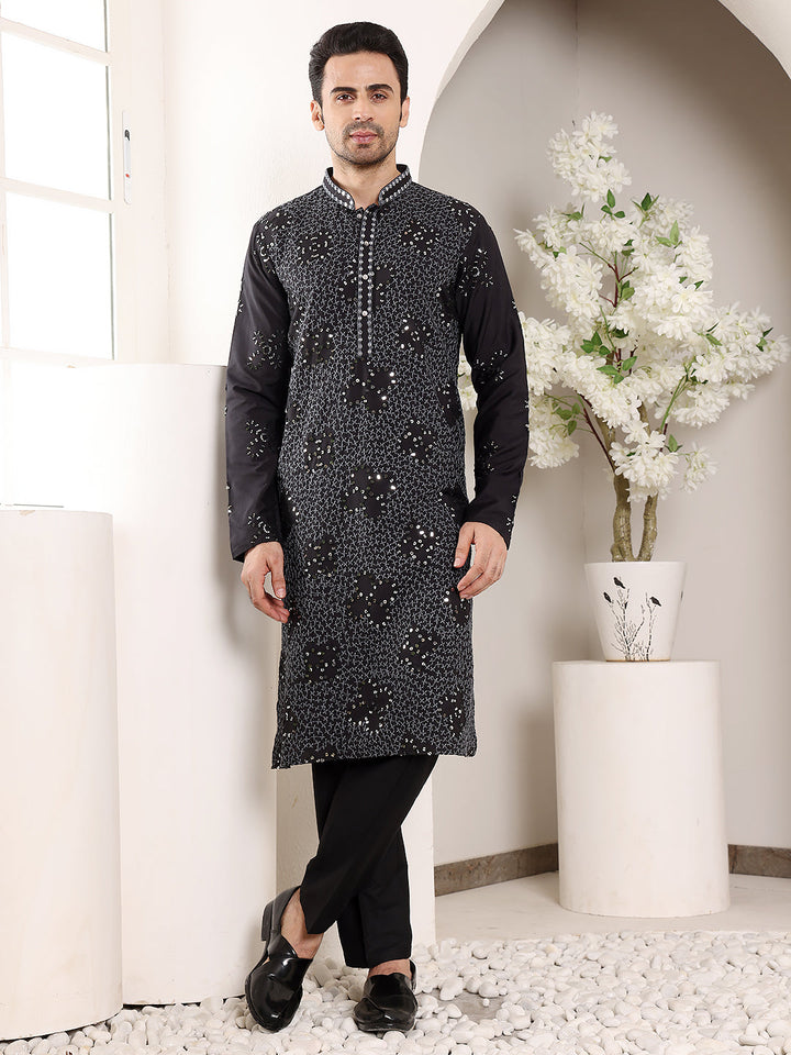 Men's Long Sleeve Mandarin Collar Black Straight Rayon Silk Kurta with Embroidered Neckline and Motifs  | SHOBITAM