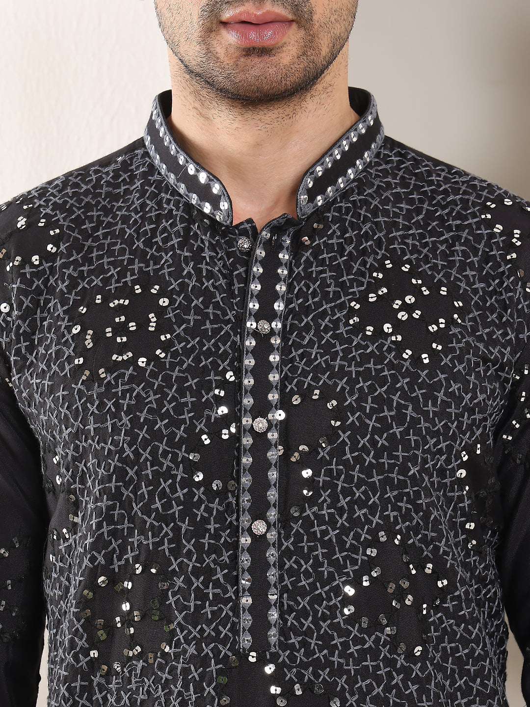 Men's Long Sleeve Mandarin Collar Black Straight Rayon Silk Kurta with Embroidered Neckline and Motifs  | SHOBITAM