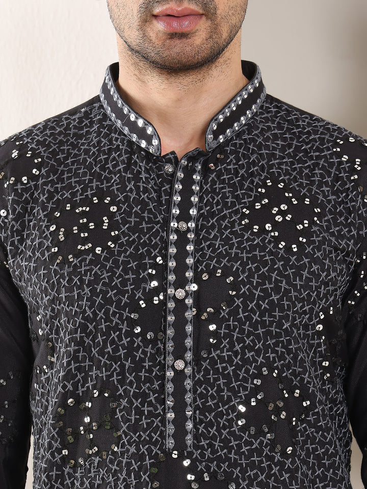 Men's Long Sleeve Mandarin Collar Black Straight Rayon Silk Kurta with Embroidered Neckline and Motifs  | SHOBITAM