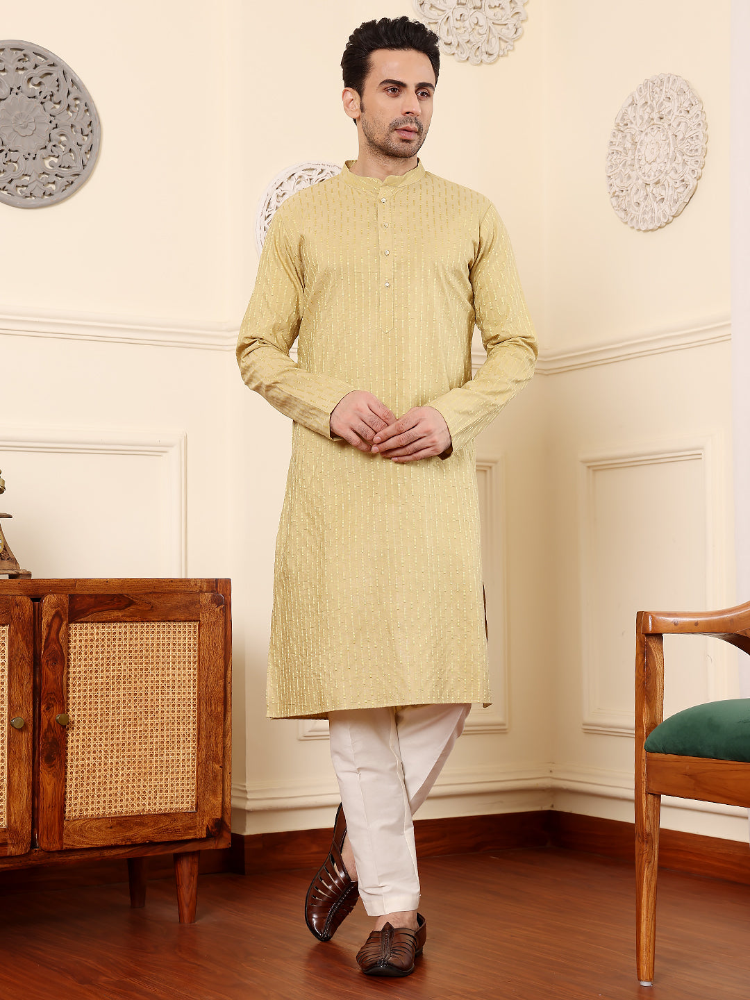 Men's Long Sleeve Mandarin Collar Yellow Straight Rayon Silk kurta with Textured Effect | SHOBITAM