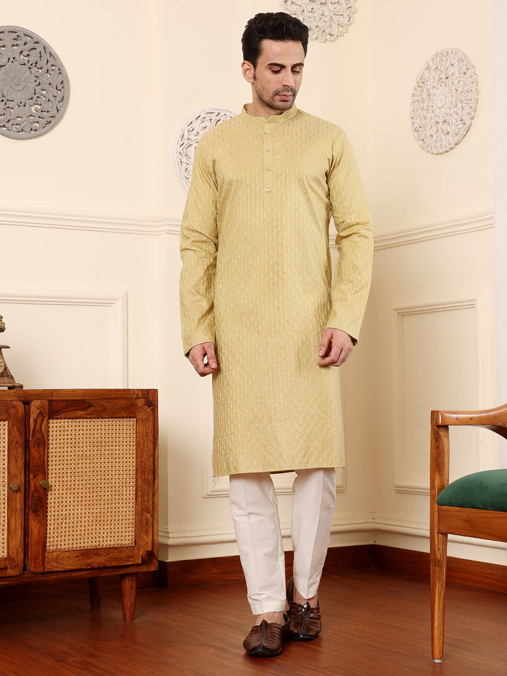 Men's Long Sleeve Mandarin Collar Yellow Straight Rayon Silk kurta with Textured Effect | SHOBITAM
