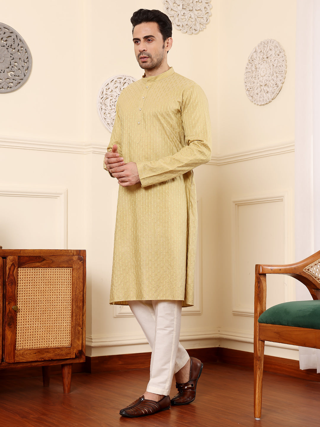 Men's Long Sleeve Mandarin Collar Yellow Straight Rayon Silk kurta with Textured Effect | SHOBITAM