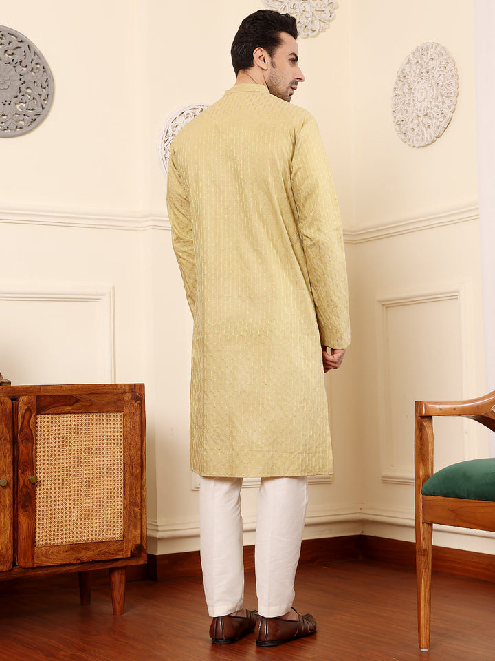Men's Long Sleeve Mandarin Collar Yellow Straight Rayon Silk kurta with Textured Effect | SHOBITAM