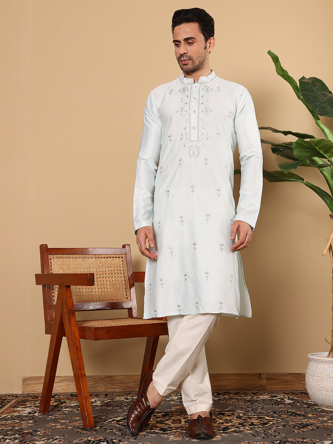 Men's Long Sleeve Mandarin Collar Light Blue Straight Viscose Silk Kurta with Embroidered Neckline and Motifs | SHOBITAM