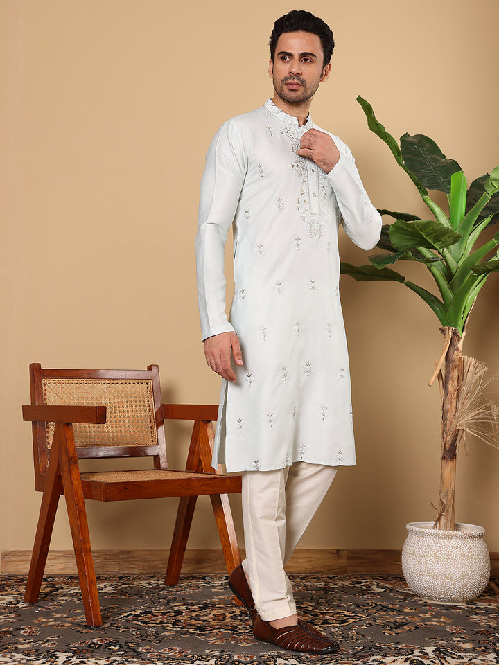 Men's Long Sleeve Mandarin Collar Light Blue Straight Viscose Silk Kurta with Embroidered Neckline and Motifs | SHOBITAM