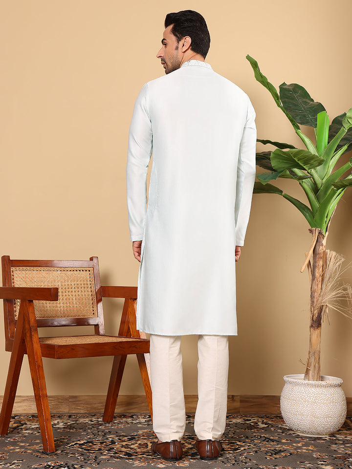 Men's Long Sleeve Mandarin Collar Light Blue Straight Viscose Silk Kurta with Embroidered Neckline and Motifs | SHOBITAM