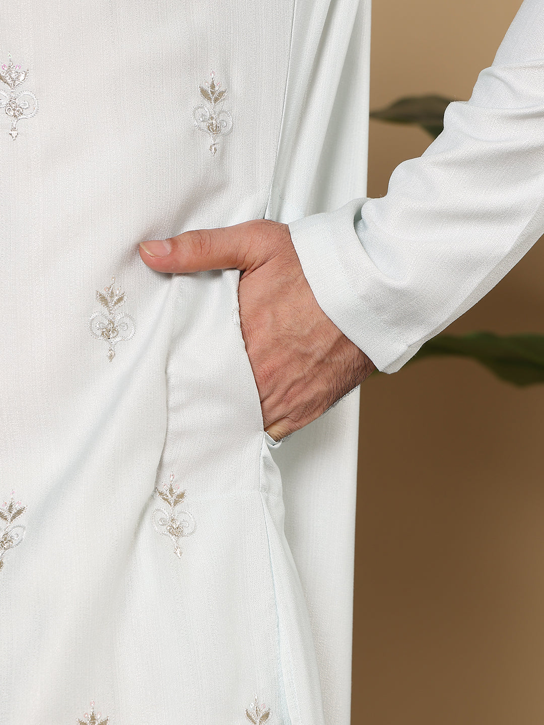 Men's Long Sleeve Mandarin Collar Light Blue Straight Viscose Silk Kurta with Embroidered Neckline and Motifs | SHOBITAM