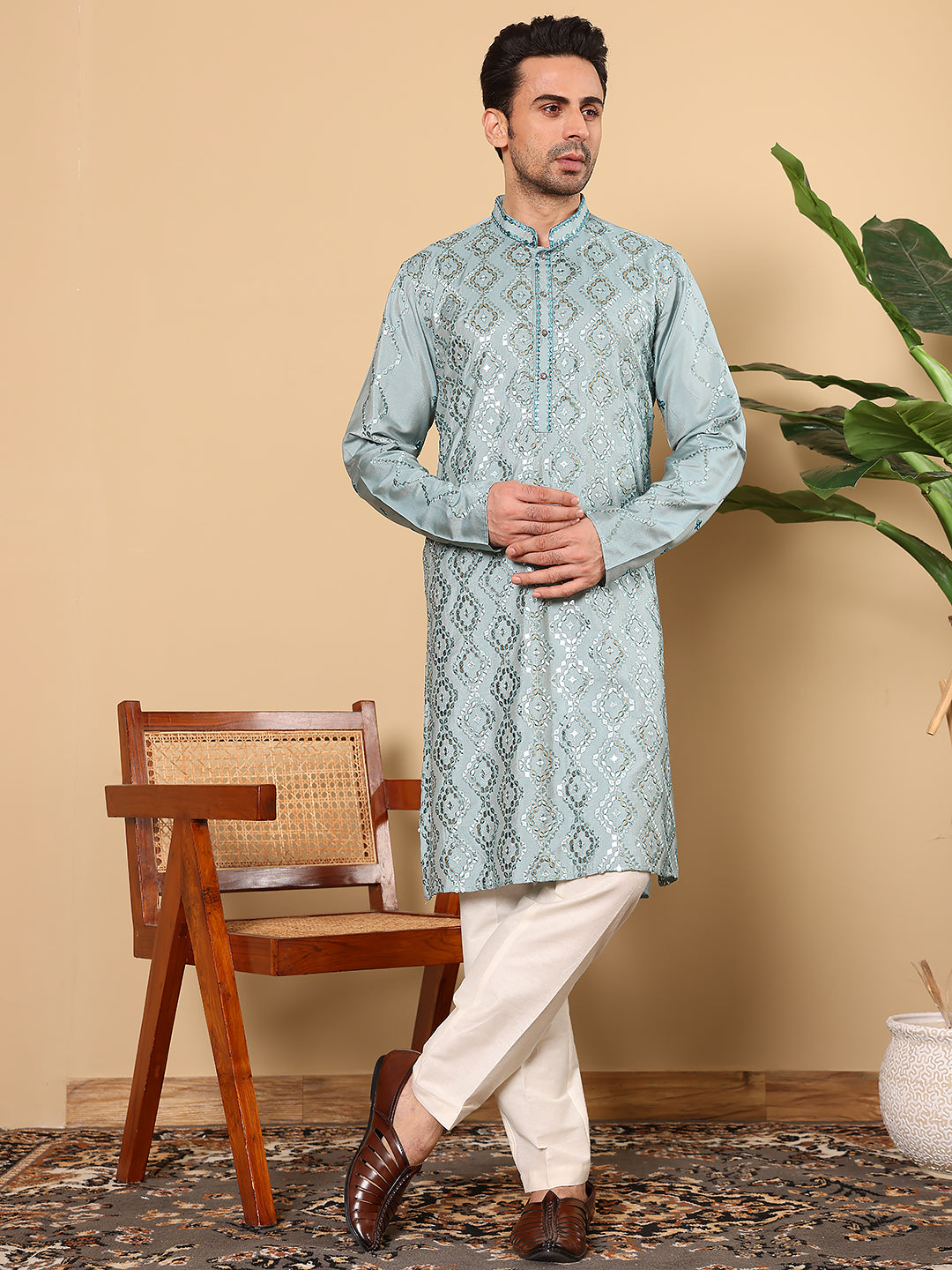 Men's Long Sleeve Mandarin Collar Blue Straight Viscose Silk Kurta with Embroidered Neckline and Motifs | SHOBITAM