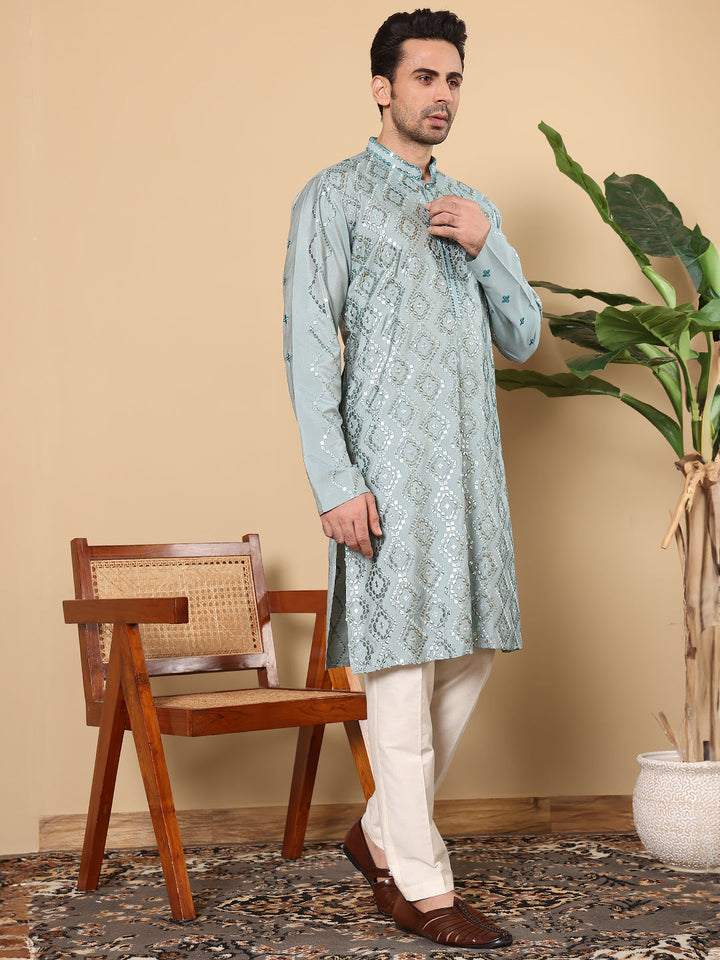 Men's Long Sleeve Mandarin Collar Blue Straight Viscose Silk Kurta with Embroidered Neckline and Motifs | SHOBITAM