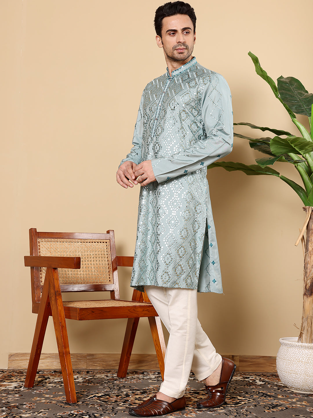 Men's Long Sleeve Mandarin Collar Blue Straight Viscose Silk Kurta with Embroidered Neckline and Motifs | SHOBITAM