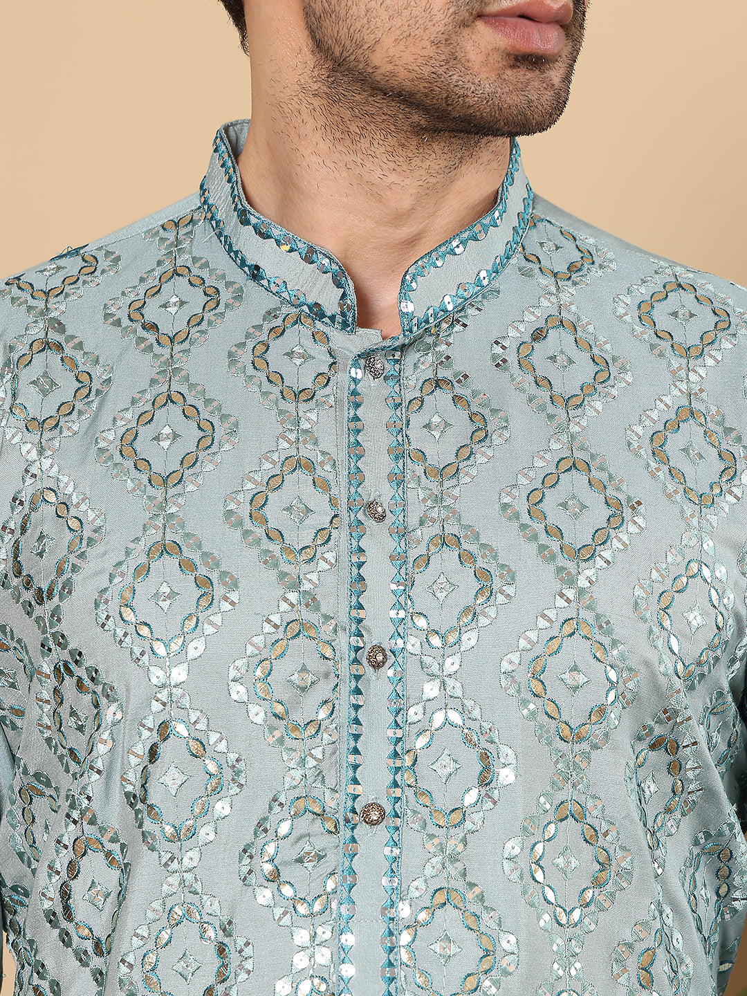 Men's Long Sleeve Mandarin Collar Blue Straight Viscose Silk Kurta with Embroidered Neckline and Motifs | SHOBITAM