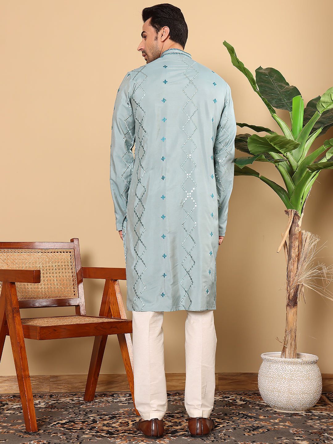 Men's Long Sleeve Mandarin Collar Blue Straight Viscose Silk Kurta with Embroidered Neckline and Motifs | SHOBITAM