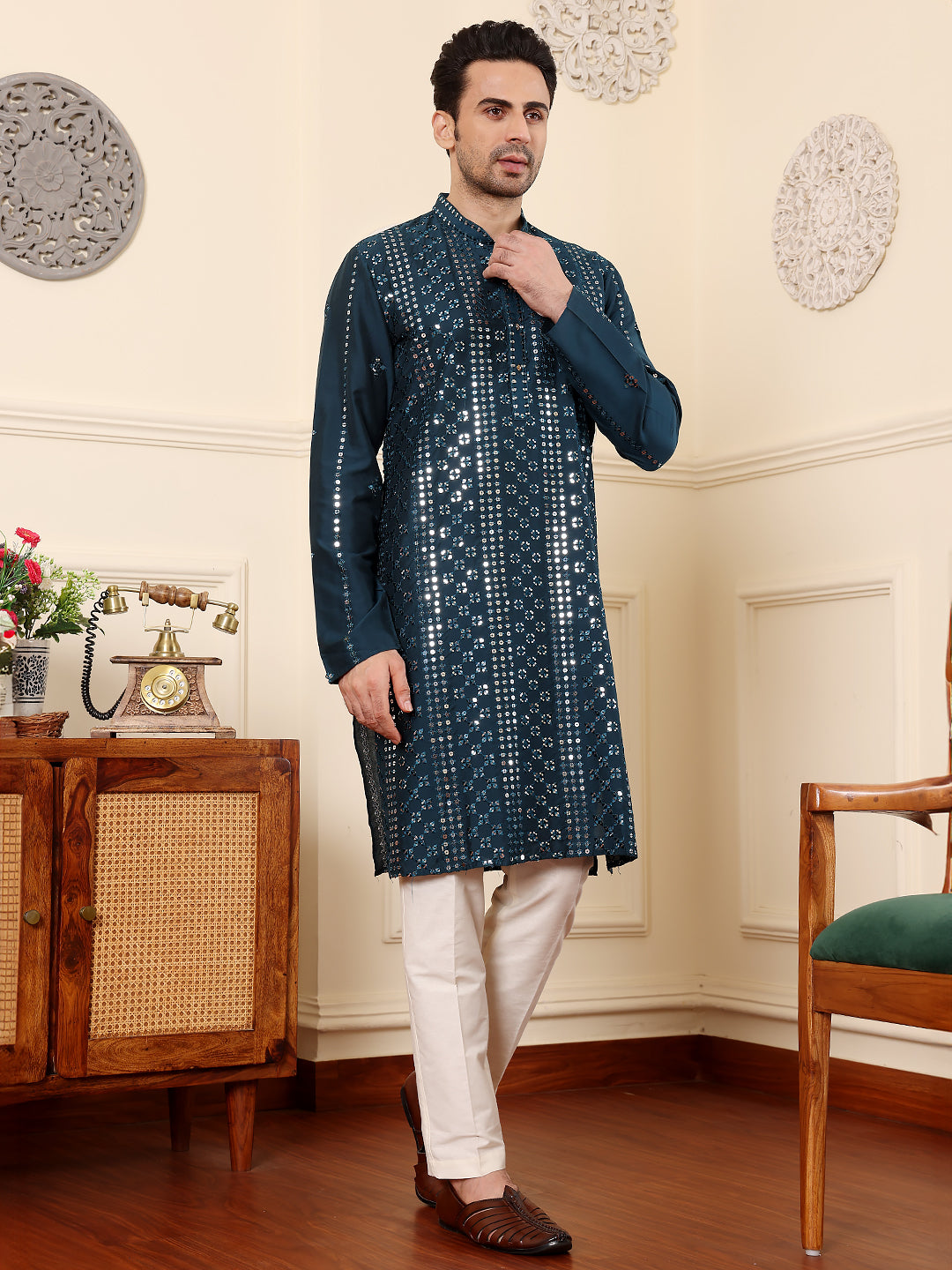 Men's Long Sleeve Mandarin Collar Dark Blue Straight Viscose Silk Kurta with Embroidered Neckline and Motifs | SHOBITAM