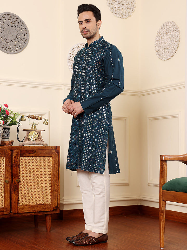 Men's Long Sleeve Mandarin Collar Dark Blue Straight Viscose Silk Kurta with Embroidered Neckline and Motifs | SHOBITAM