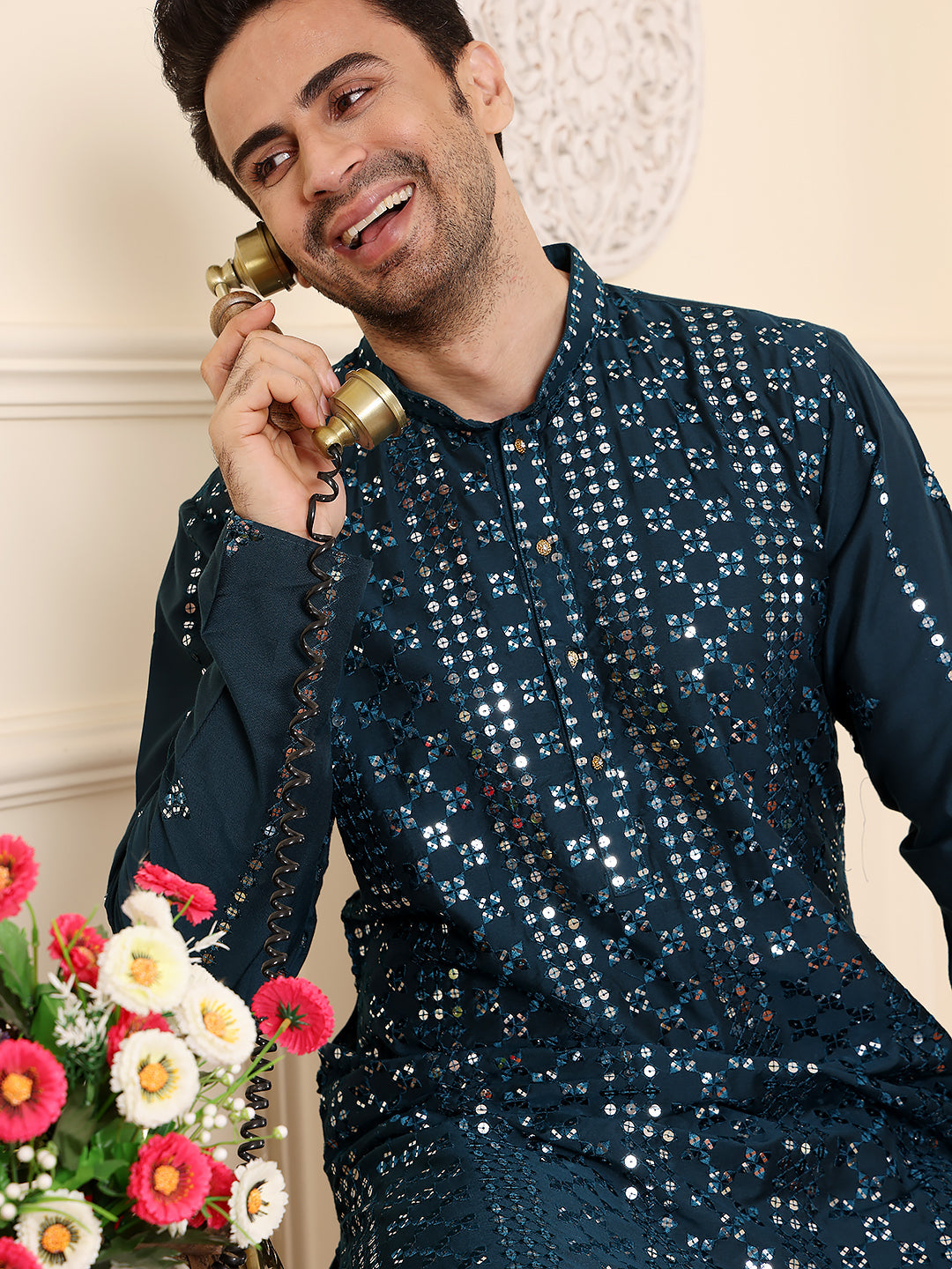 Men's Long Sleeve Mandarin Collar Dark Blue Straight Viscose Silk Kurta with Embroidered Neckline and Motifs | SHOBITAM