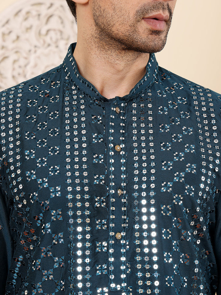 Men's Long Sleeve Mandarin Collar Dark Blue Straight Viscose Silk Kurta with Embroidered Neckline and Motifs | SHOBITAM