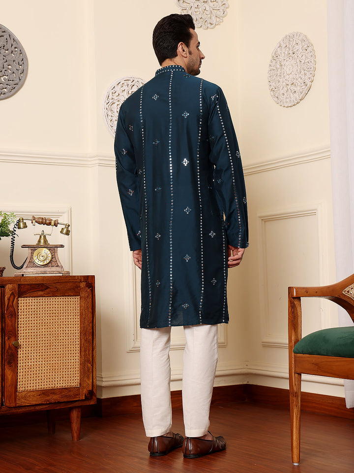 Men's Long Sleeve Mandarin Collar Dark Blue Straight Viscose Silk Kurta with Embroidered Neckline and Motifs | SHOBITAM