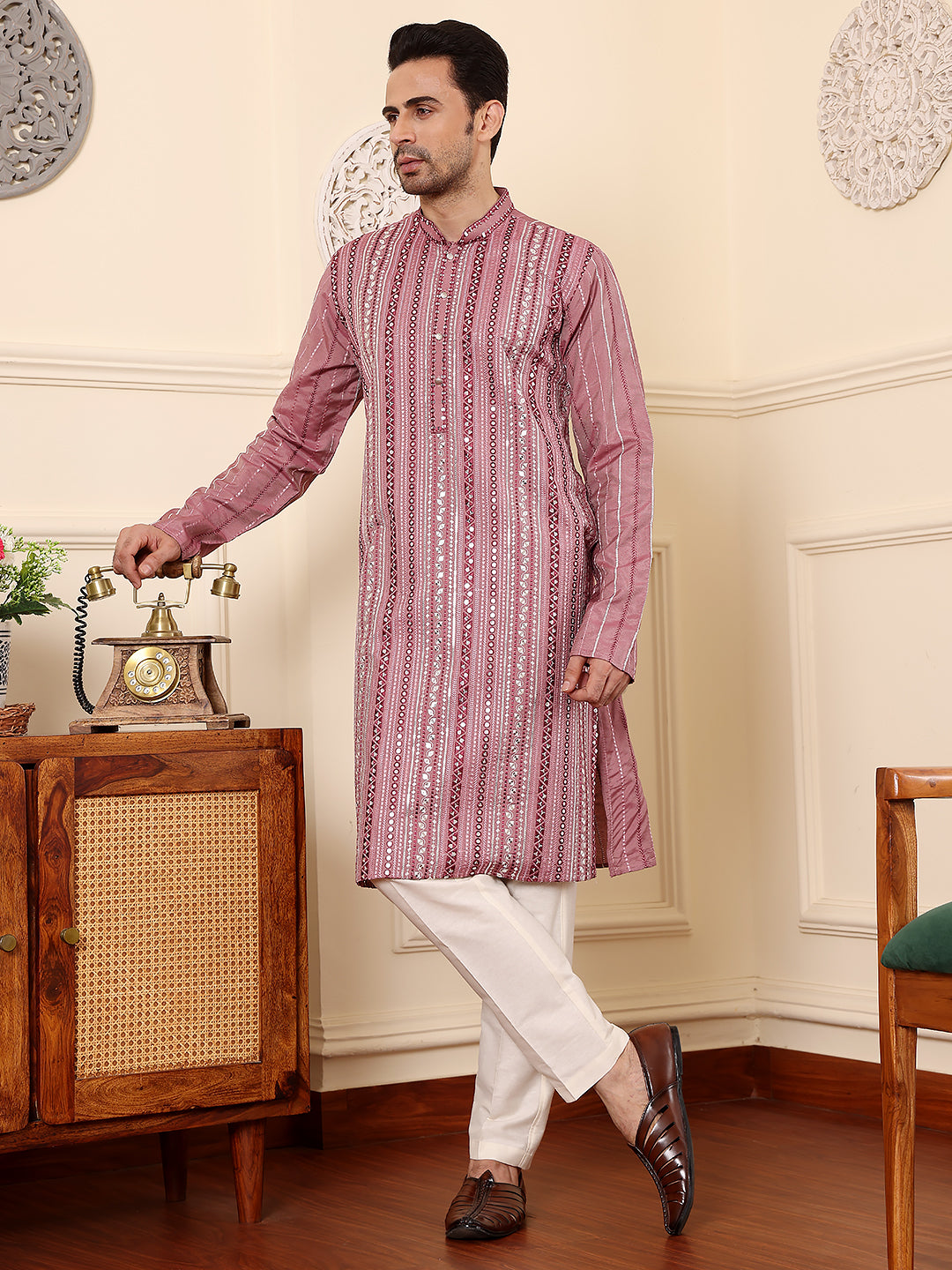 Men's Long Sleeve Mandarin Collar Pink Straight Viscose Silk Kurta with Embroidered Neckline and Motifs | SHOBITAM
