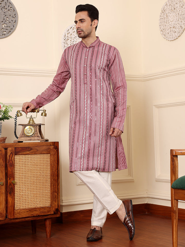 Men's Long Sleeve Mandarin Collar Pink Straight Viscose Silk Kurta with Embroidered Neckline and Motifs | SHOBITAM