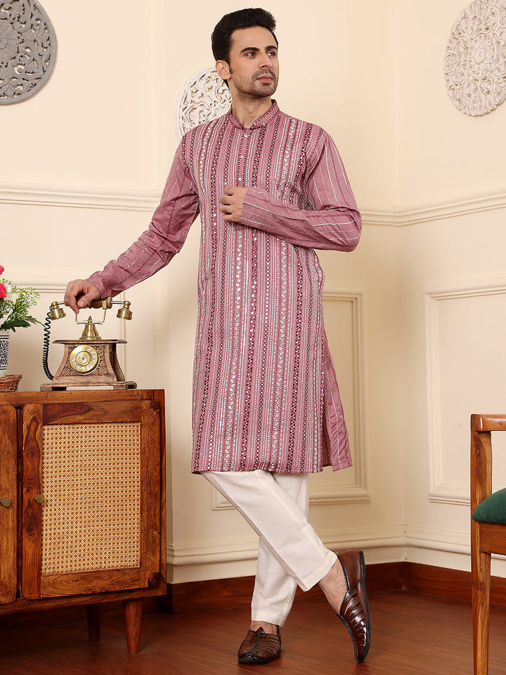 Men's Long Sleeve Mandarin Collar Pink Straight Viscose Silk Kurta with Embroidered Neckline and Motifs | SHOBITAM