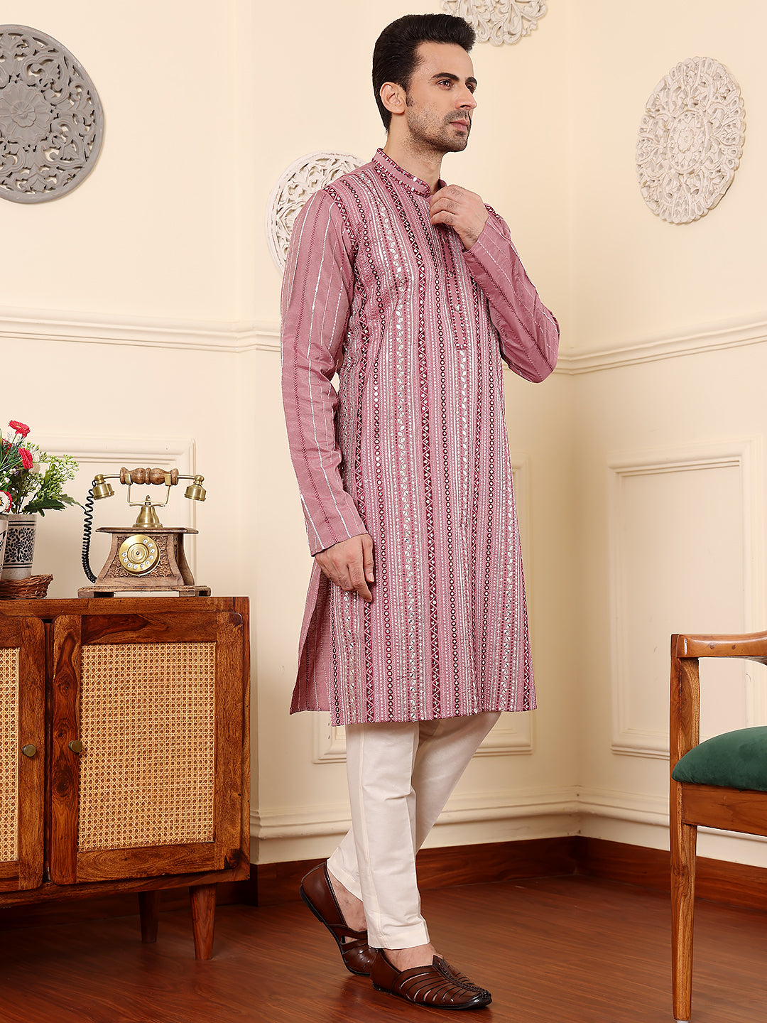 Men's Long Sleeve Mandarin Collar Pink Straight Viscose Silk Kurta with Embroidered Neckline and Motifs | SHOBITAM