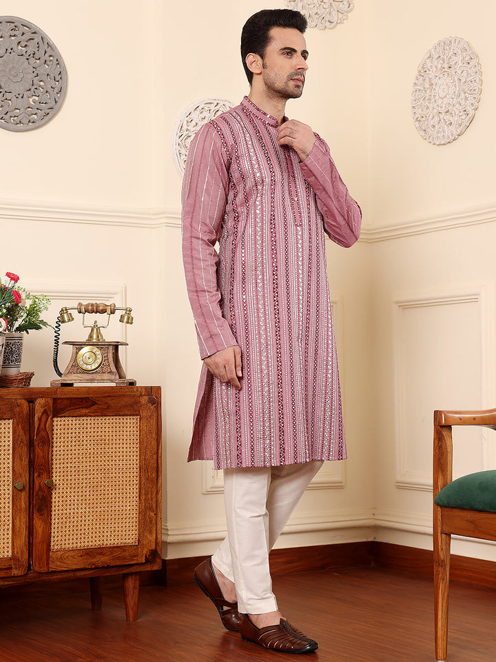 Men's Long Sleeve Mandarin Collar Pink Straight Viscose Silk Kurta with Embroidered Neckline and Motifs | SHOBITAM