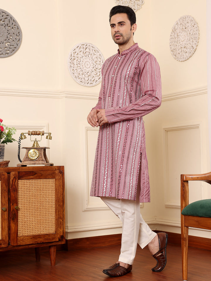 Men's Long Sleeve Mandarin Collar Pink Straight Viscose Silk Kurta with Embroidered Neckline and Motifs | SHOBITAM