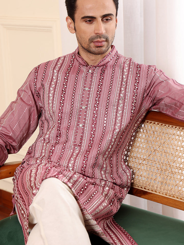 Men's Long Sleeve Mandarin Collar Pink Straight Viscose Silk Kurta with Embroidered Neckline and Motifs | SHOBITAM