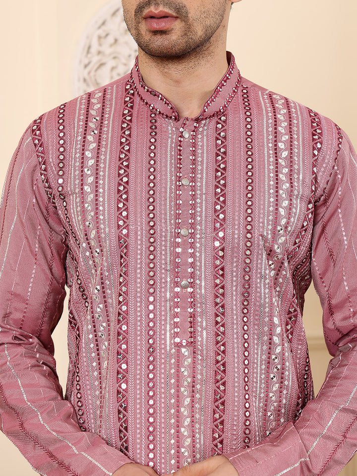 Men's Long Sleeve Mandarin Collar Pink Straight Viscose Silk Kurta with Embroidered Neckline and Motifs | SHOBITAM