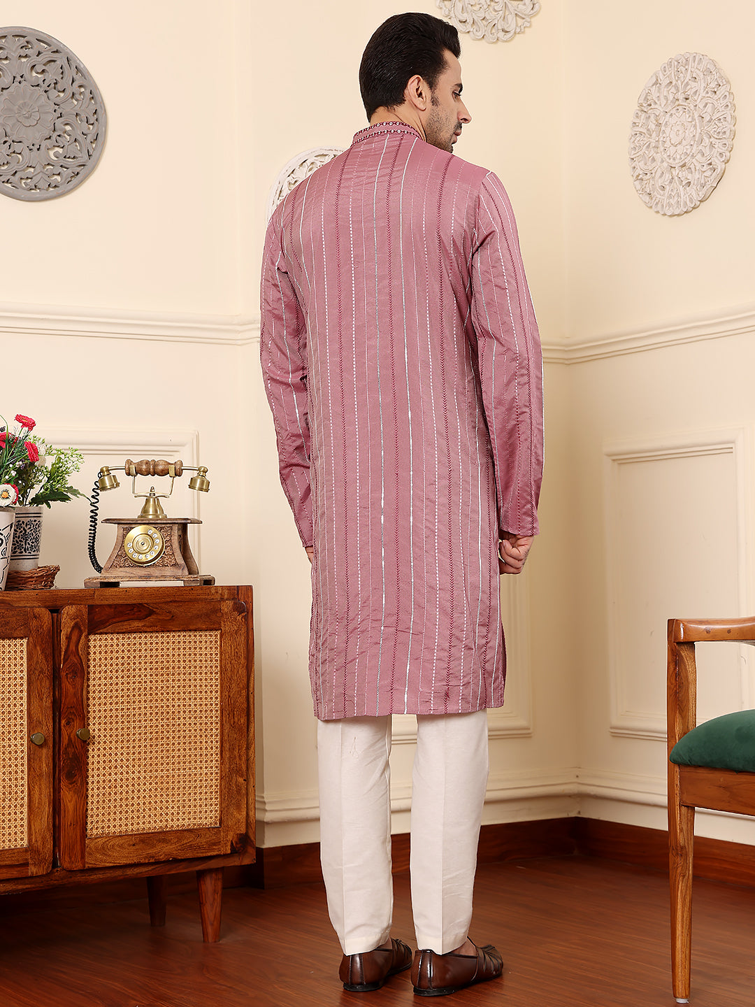 Men's Long Sleeve Mandarin Collar Pink Straight Viscose Silk Kurta with Embroidered Neckline and Motifs | SHOBITAM