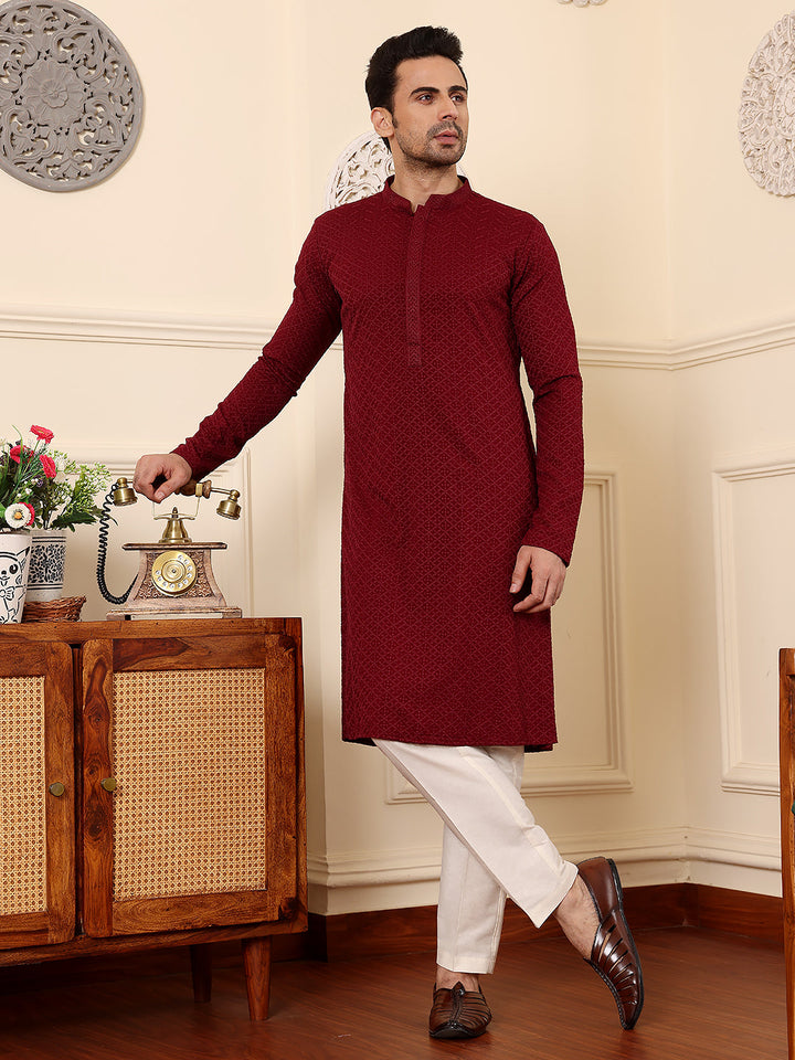 Men's Long Sleeve Mandarin Collar Rayon Silk Straight Classic Red Chikankari Kurta | SHOBITAM