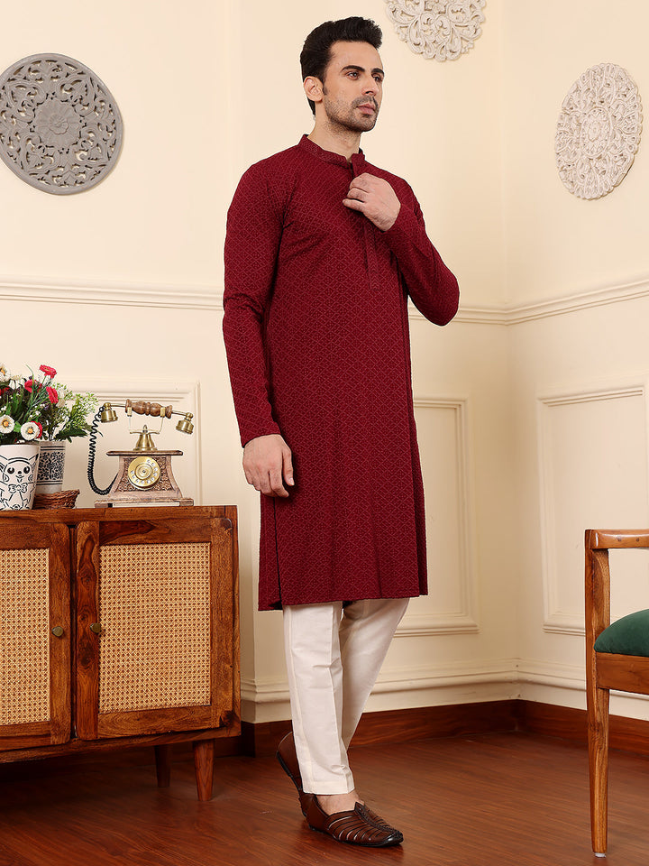 Men's Long Sleeve Mandarin Collar Rayon Silk Straight Classic Red Chikankari Kurta | SHOBITAM