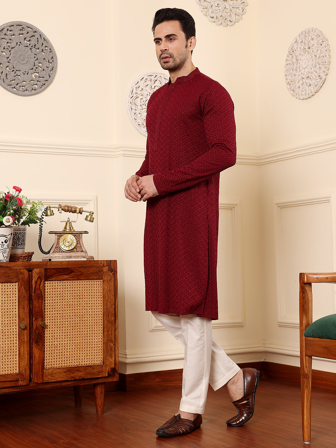 Men's Long Sleeve Mandarin Collar Rayon Silk Straight Classic Red Chikankari Kurta | SHOBITAM