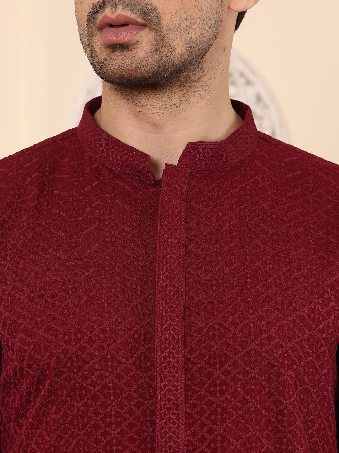 Men's Long Sleeve Mandarin Collar Rayon Silk Straight Classic Red Chikankari Kurta | SHOBITAM