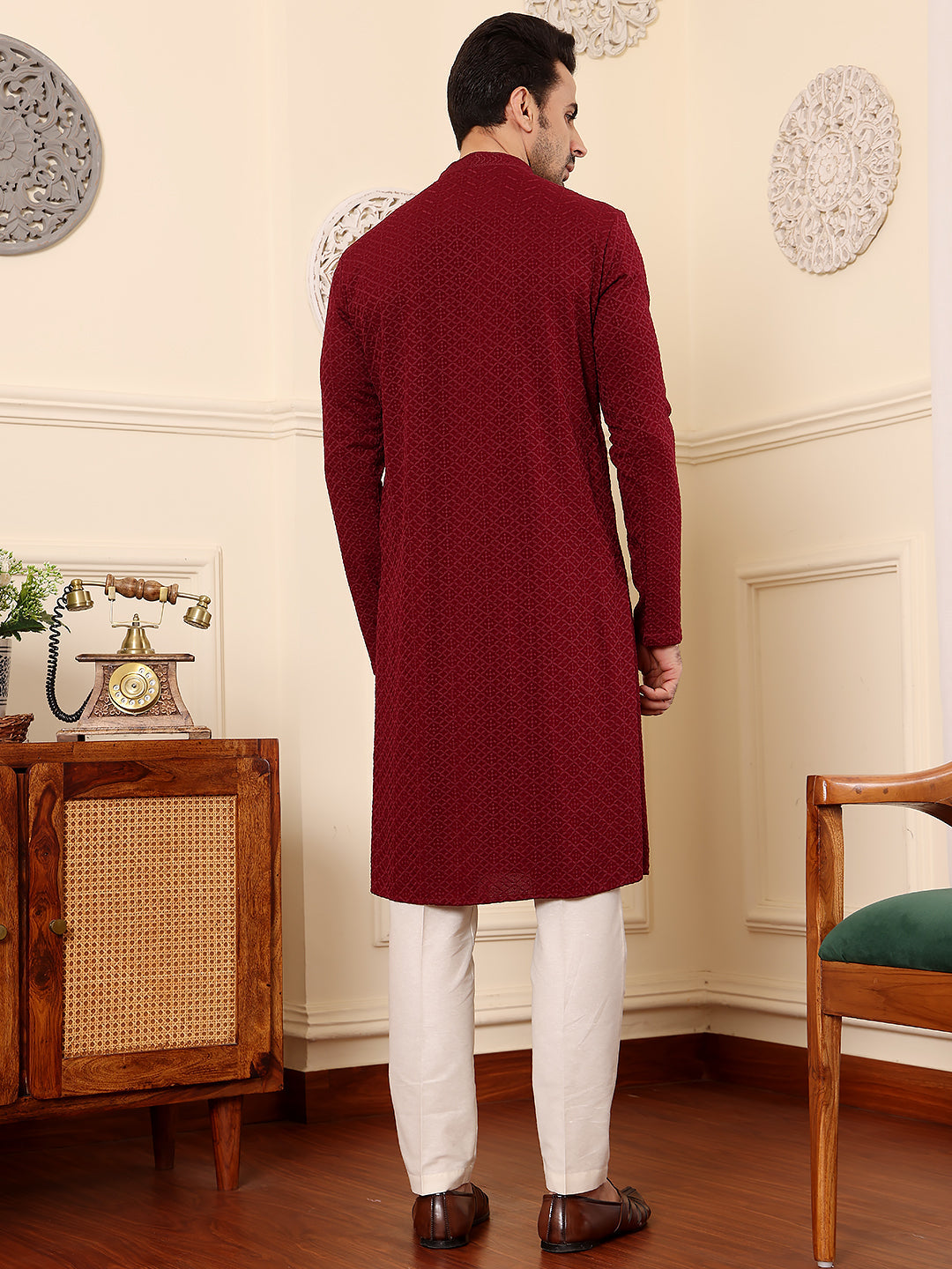 Men's Long Sleeve Mandarin Collar Rayon Silk Straight Classic Red Chikankari Kurta | SHOBITAM