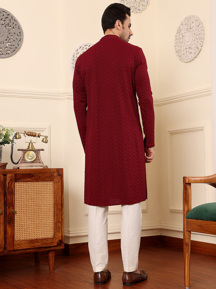 Men's Long Sleeve Mandarin Collar Rayon Silk Straight Classic Red Chikankari Kurta | SHOBITAM